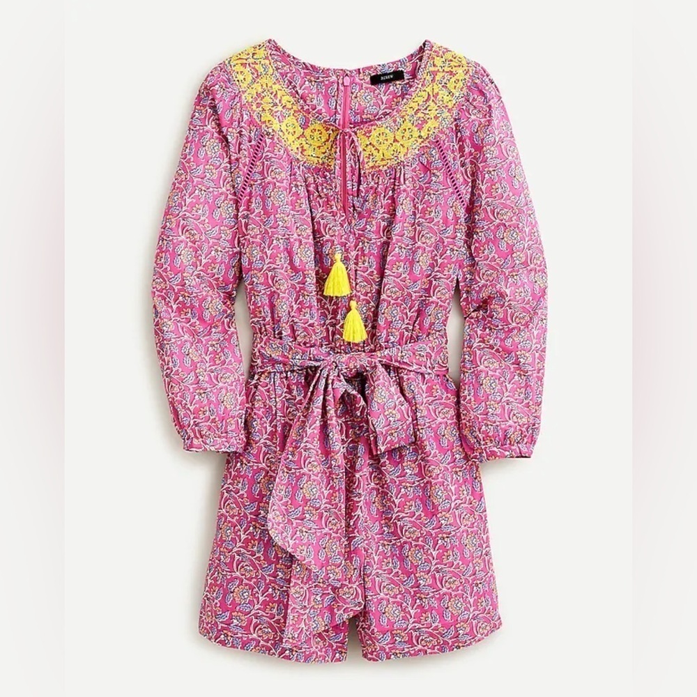 J CREW Embroidered romper in pink vines block print, Size 2